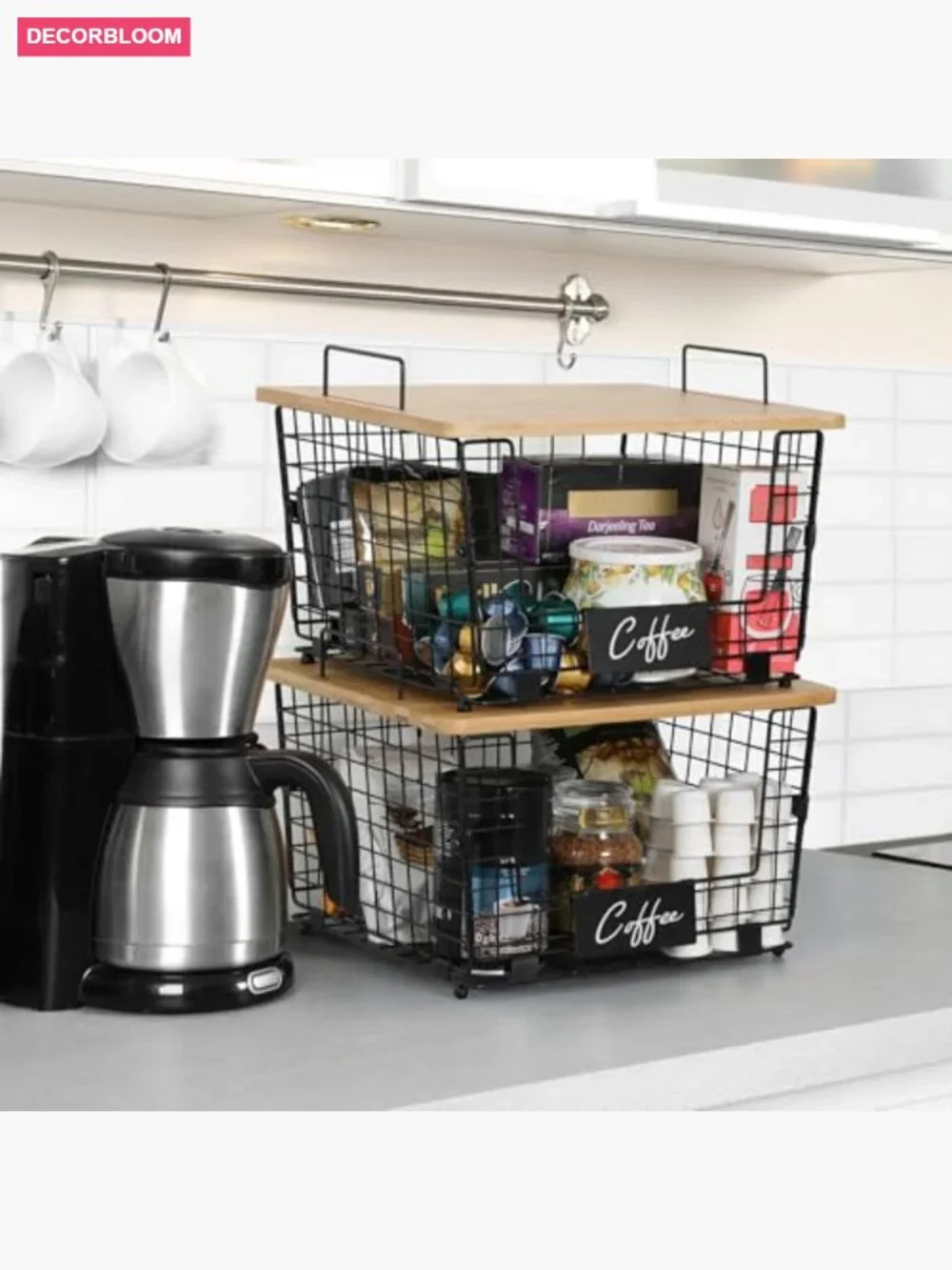 2 Pack Stackable Wire Basket with Bamboo Tops for Pantry Kitchen Organizer